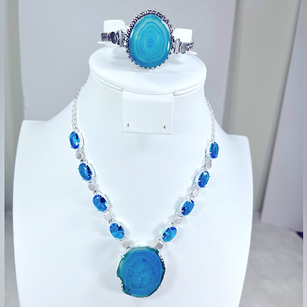 925 Blue Solar Quartz & Blue Topaz Necklace and Bracelet Set
